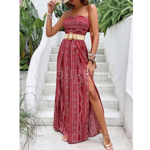 Paisley Print Red Tube Top Flared Slit Leg Jumpsuit